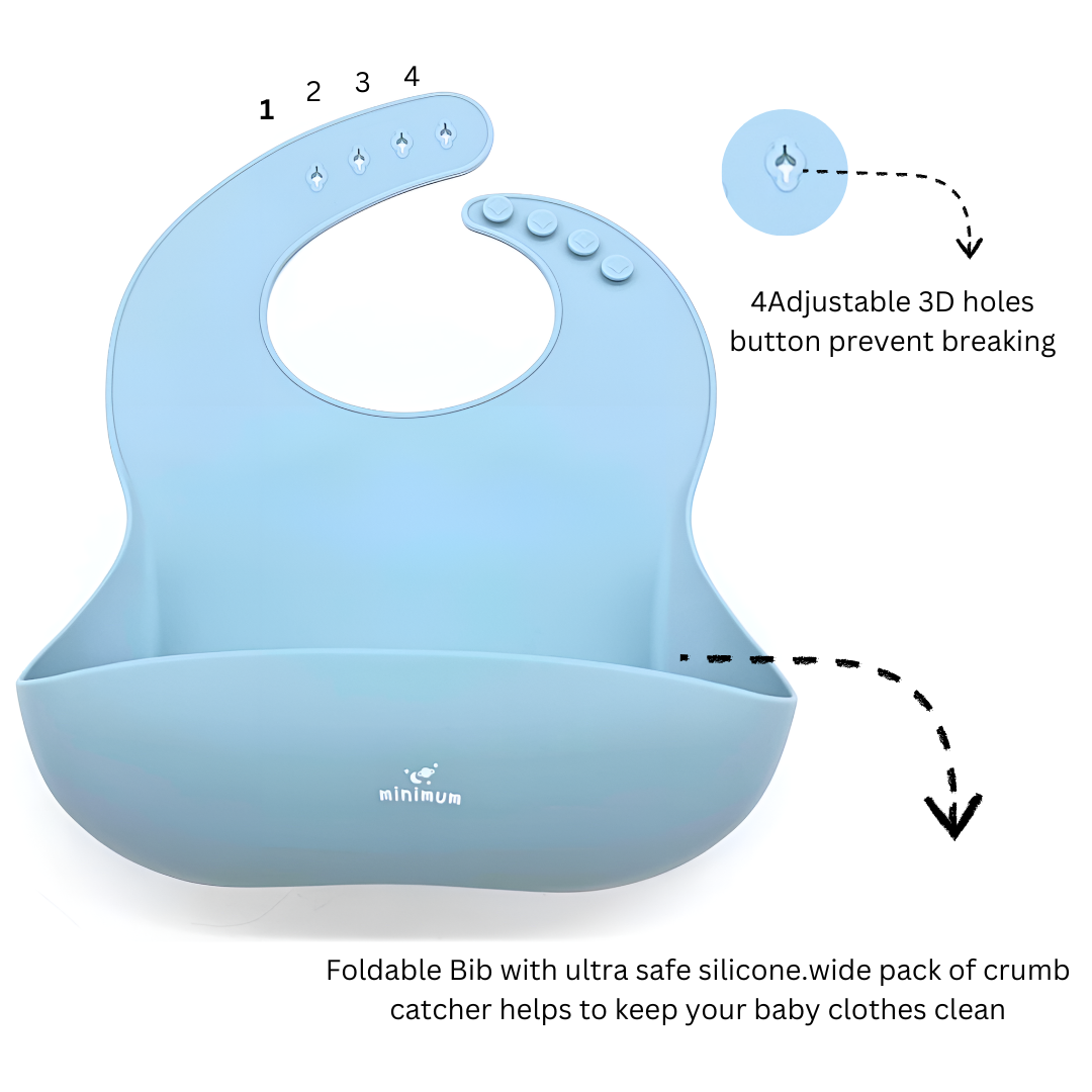 Premium Dusty Blue Silicone Bib for babies and toddlers (6M-4Y) | Adjustable neckline & wide crumb-catcher | Waterproof, flexible, dishwasher-friendly | (Blue)