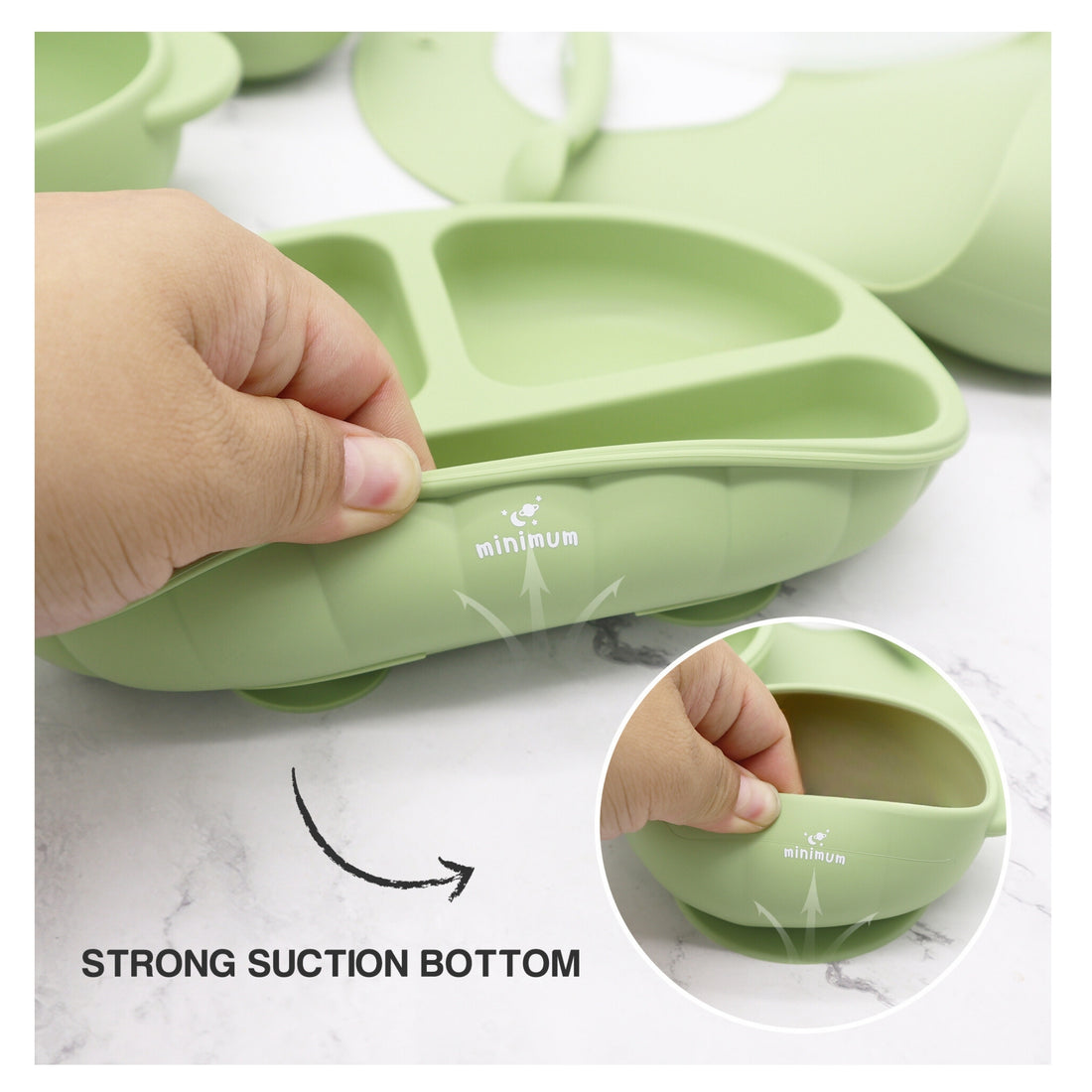 Premium Olive Green Silicone Suction Plate for Babies and Toddlers (6M-4Y) | Non-Slip Base, sectioned Plate, Removable lid | BPA Free | Dishwasher & Microwave Friendly | (Green)