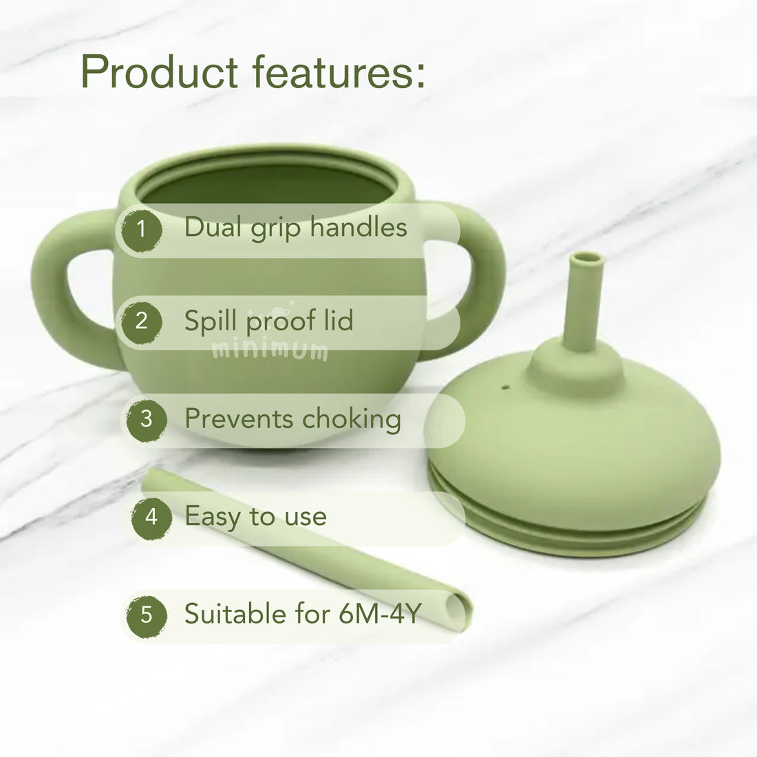 Premium Green Silicone sippy cup (with straw & lid) for babies & toddlers (6M-4Y) | Dual-grip handles, spill proof design and base | BPA Free | Dishwasher & Microwave safe (Copy) (Copy)