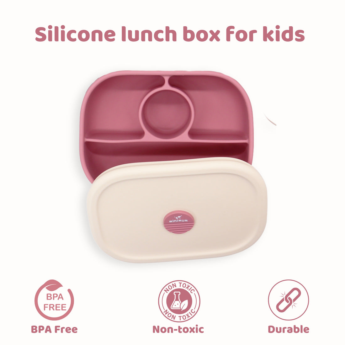 MINIMUM Premium Silicone Lunch Box for Kids | 4 Compartment Food Storage Container | Toddlers Friendly | Lightweight, Durable Airtight Container | (Pink)