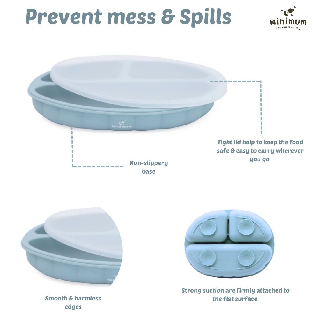 Premium Dusty Blue Silicone Suction Plate for Babies and Toddlers (6M-4Y) | Non-Slip Base, sectioned Plate, Removable lid | BPA Free | Dishwasher & Microwave Friendly | (Blue)