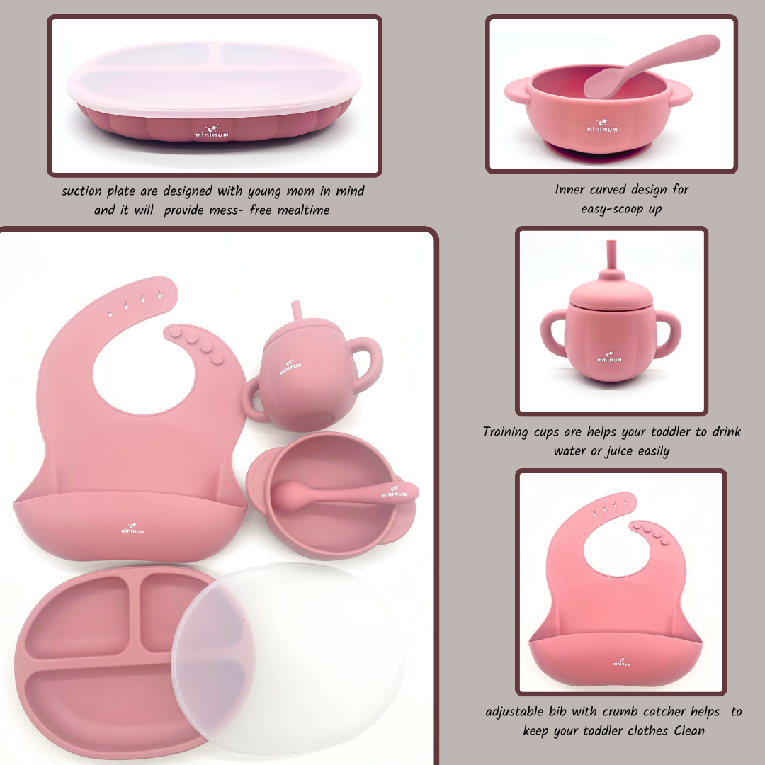 Premium Rose Pink Silicone baby feeding set (5PCs) | Foldable bib, Suction bowl and spoon set, Dual-grip training cup, Suction plate | Non-toxic & BPA free | Anti-slip base | Dishwasher & Microwave safe