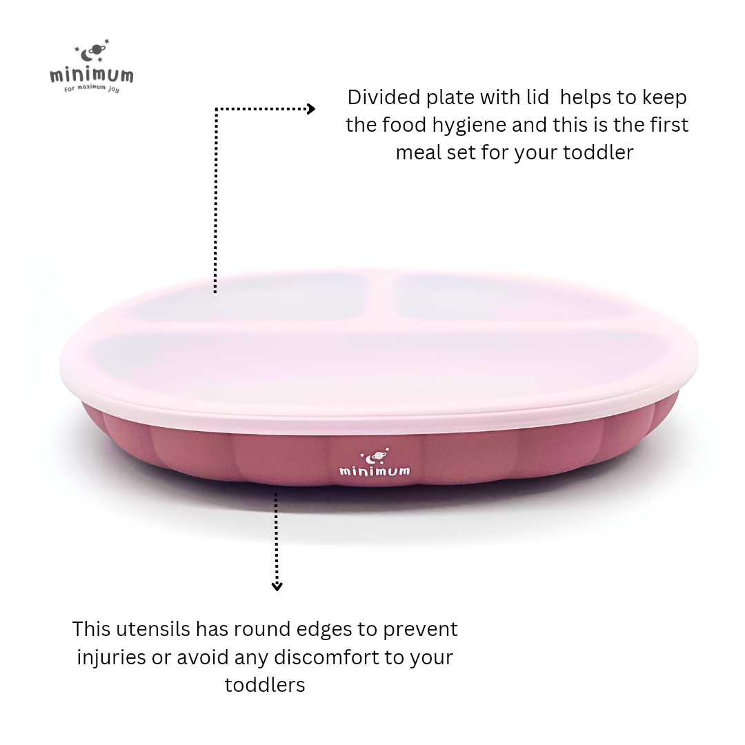 Premium Rose Pink Silicone Suction Plate for Babies and Toddlers (6M-4Y) | Non-Slip Base, sectioned Plate, Removable lid | BPA Free | Dishwasher & Microwave Friendly | (Pink)