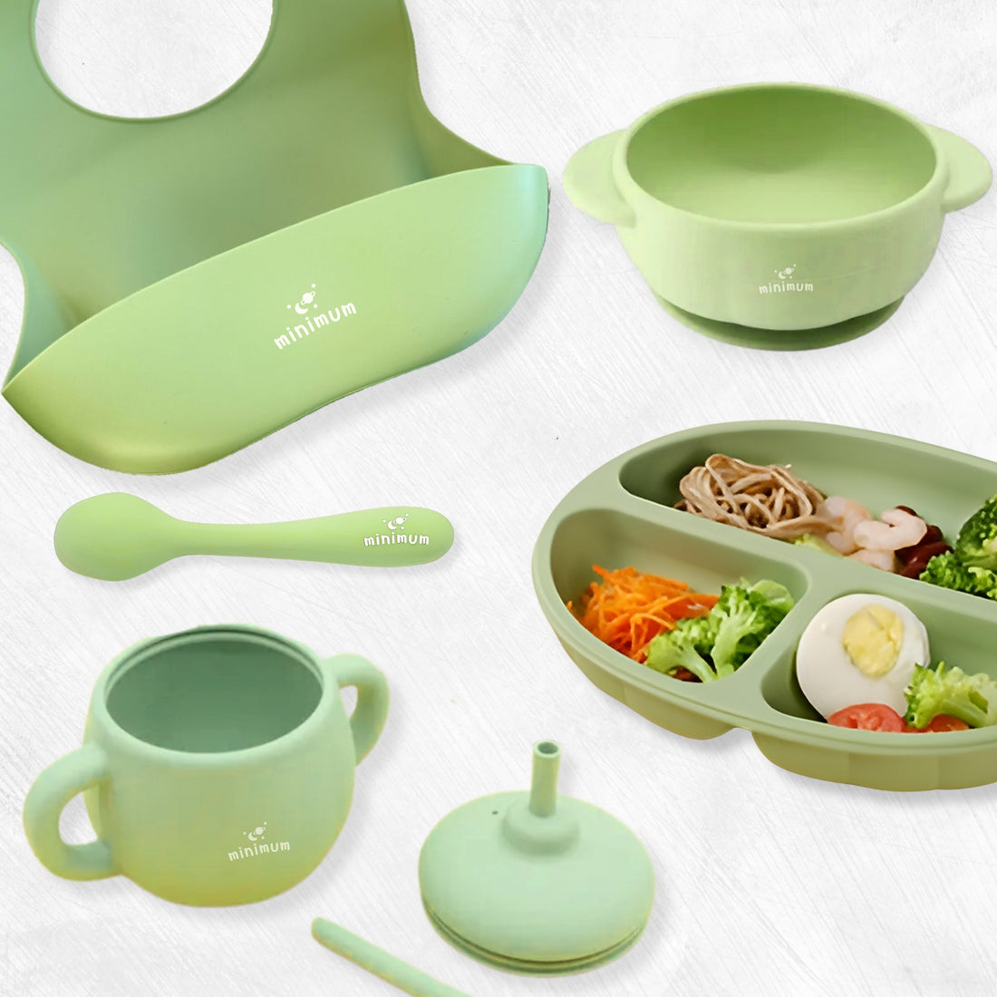 Premium Olive Green  Silicone baby feeding set (5PCs) | Foldable bib, Suction bowl and spoon set, Dual-grip training cup, Suction plate | Non-toxic & BPA free | Anti-slip base | Dishwasher & Microwave safe