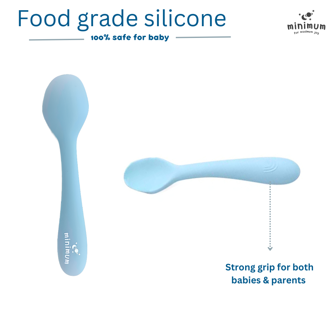 Premium Dusty Blue Silicone spoon for babies & toddlers (6M-4Y) | Flexible, chewable, easy grip design | BPA Free | Dishwasher & Microwave safe | (Blue)