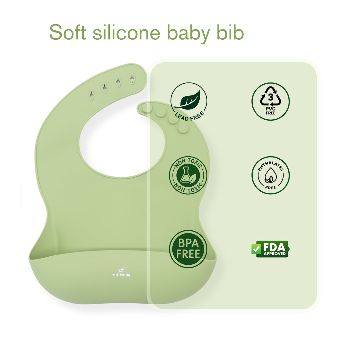 Premium Dusty Blue Silicone Bib for babies and toddlers (6M-4Y) | Adjustable neckline & wide crumb-catcher | Waterproof, flexible, dishwasher-friendly | (Green)
