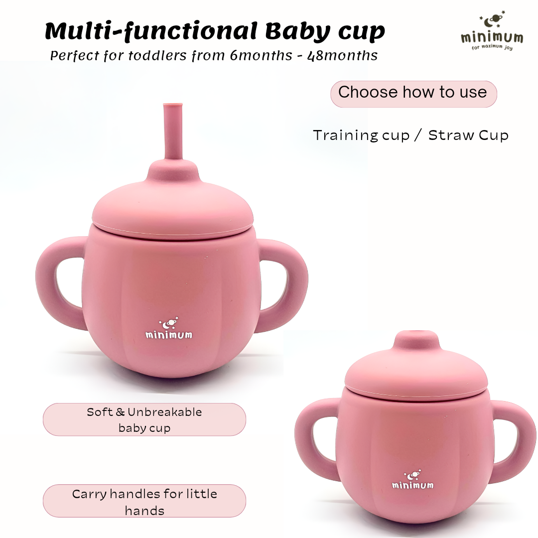 Premium Rose Pink Silicone sippy cup (with straw lid) for babies t